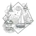 A geometric design featuring elements of Disney World, boating, horses, and x-ray imagery tattoo design idea