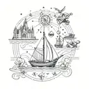 A geometric design featuring elements of Disney World, boating, horses, and x-ray imagery tattoo design idea