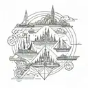 A geometric design featuring elements of Disney World, boating, horses, and x-ray imagery tattoo design idea