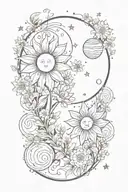 outer space scene with sun, moon, stars, and planets covered in flowers tattoo design idea
