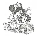 minnie mouse hugging a black and white curly haired big dog tattoo design idea