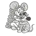 minnie mouse hugging a black and white curly haired big dog tattoo design idea