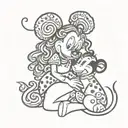 minnie mouse hugging a black and white curly haired big dog tattoo design idea