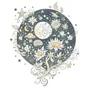 outer space scene with sun, moon, stars, and planets covered in flowers tattoo design idea