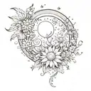 outer space scene with sun, moon, stars, and planets covered in flowers tattoo design idea