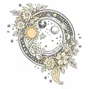 outer space scene with sun, moon, stars, and planets covered in flowers tattoo design idea