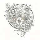 outer space scene with sun, moon, stars, and planets covered in flowers tattoo design idea