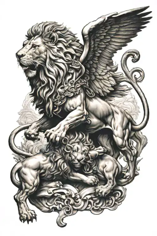 A lion and saint micheal slaying the devil tattoo design idea