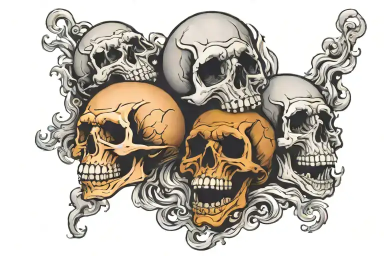 3 skulls surrounded by smoke coming from 1 another skull screaming and the last skull laughing tattoo design idea