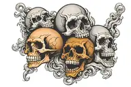 3 skulls surrounded by smoke coming from 1 another skull screaming and the last skull laughing tattoo design idea