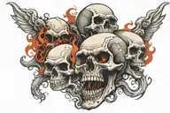 3 skulls surrounded by smoke coming from 1 another skull screaming and the last skull laughing tattoo design idea