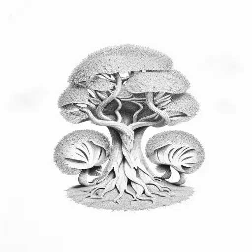 Line art of oak tree and 2 normal size and one small size boletus under it tattoo design idea