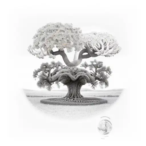 oak tree and 2 normal size and one small size boletus under it tattoo design idea