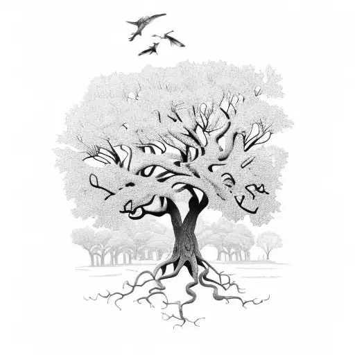 oak tree and 2 normal size and one small size boletus under it tattoo design idea