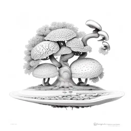 Line art of oak tree and 2 normal size and one small size boletus tattoo design idea