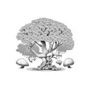 oak tree and 2 normal size and one small size boletus under it tattoo design idea