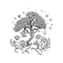 oak tree and 2 normal size and one small size boletus under it tattoo design idea