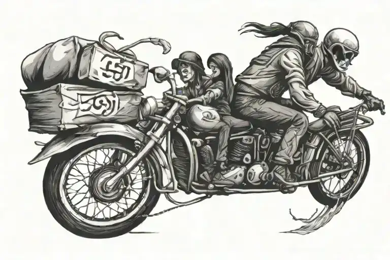 biker with shopper is pursued by ghost or death tattoo design idea
