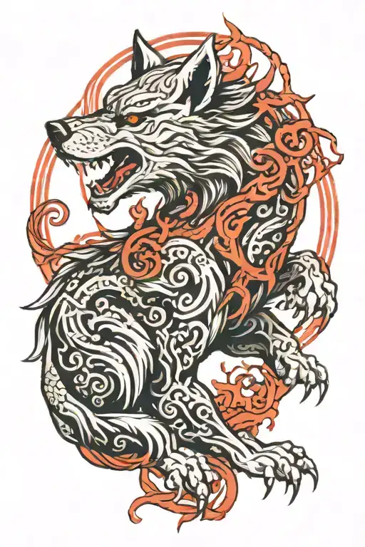 a Raiju, a cross between a white wolf, and traditional werewolf that's made of bolts of electricity, it has two tails tattoo design idea