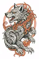 a Raiju, a cross between a white wolf, and traditional werewolf that's made of bolts of electricity, it has two tails tattoo design idea