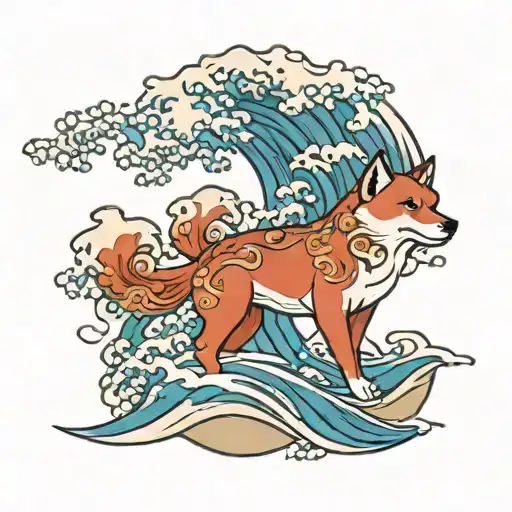 japan wave, shiba inu red dog tattoo design idea