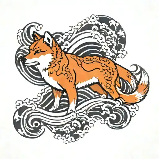 japan wave art, shiba inu red dog, portrait tattoo tattoo design idea