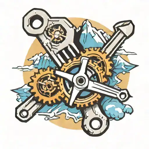 A tattoo of a wrench and gear symbolizing mechanic breakdowns, surrounded by icy mountains and glaciers, in a traditional style tattoo design idea