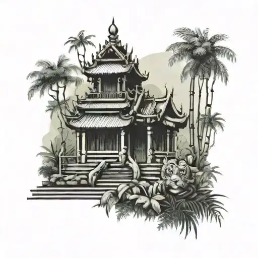 A mystical Thai jungle temple surrounded by lush greenery, bamboo, smoke and a tiger head tattoo design idea