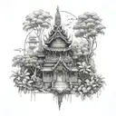 A mystical Thai jungle temple surrounded by lush greenery and exotic animals tattoo design idea