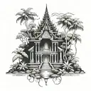 A mystical Thai jungle temple surrounded by lush greenery and exotic animals tattoo design idea