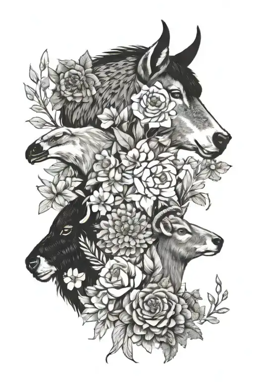 a collage of flowers with a bison head, wolf head, ram head, blue jay, robin, fox head, heron head, and bear head tattoo design idea