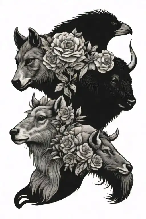 a collage of flowers with a bison head, wolf head, ram head, blue jay, robin, fox head, heron head, and bear head tattoo design idea