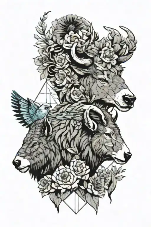 a collage of flowers with a bison head, heron head, bear head, fox head, ram head, blue jay, robin, and wolf head  tattoo design idea