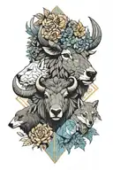 a collage of flowers with a bison head, heron head, bear head, fox head, ram head, blue jay, robin, and wolf head  tattoo design idea