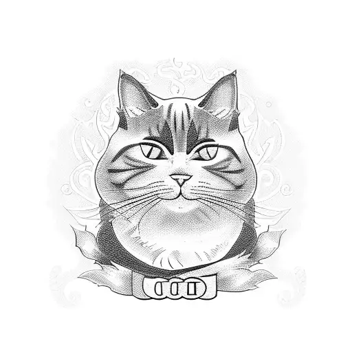 A blackwork tattoo of a cat surrounded by money trees to represent the client's passion for finance and their love for nature. tattoo design idea