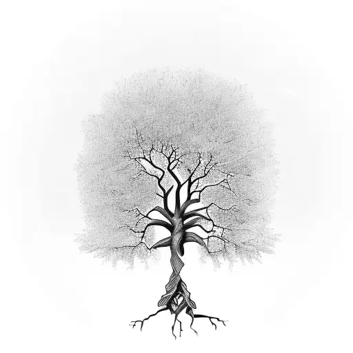 A tree with roots shaped like dollar signs and branches with family names tattoo design idea