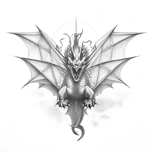 Symmetrical Dragon above angle flying, shadow underneath tattoo design idea
