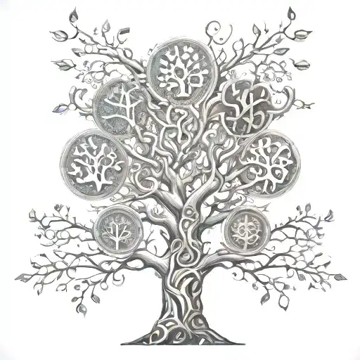 An intricate dotwork design of a family tree intertwined with dollar signs and coins tattoo design idea