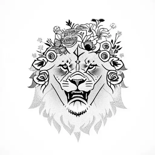 A majestic lion surrounded by a vibrant bouquet of flowers in memory of your mom tattoo design idea