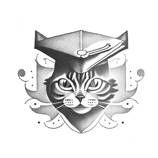 A blackwork tattoo of a fierce and determined cat wearing a graduation cap, symbolizing your dedication to being the best in class. tattoo design idea