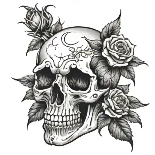 moon skull roses tattoo design idea