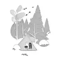 A campsite by the ocean with a cardinal flying overhead tattoo design idea