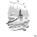 A campsite by the ocean with a cardinal flying overhead tattoo design idea