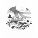 A campsite by the ocean with a cardinal flying overhead tattoo design idea