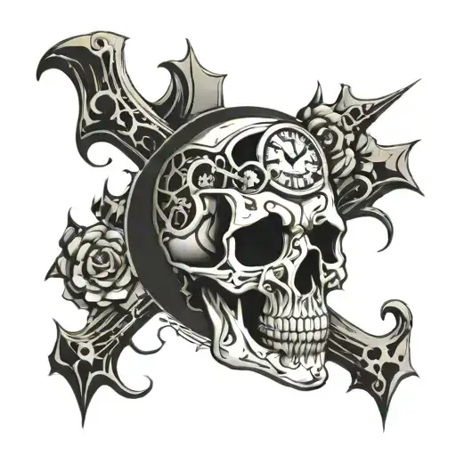 Skull with cut-out on the top. Clocks leaking out in the style of Salvadore Dali tattoo design idea