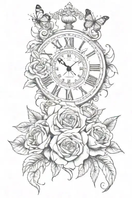 Black and white long tattoo design. Roses with clock & butterflies. Place that tattoo on white pepper  tattoo design idea