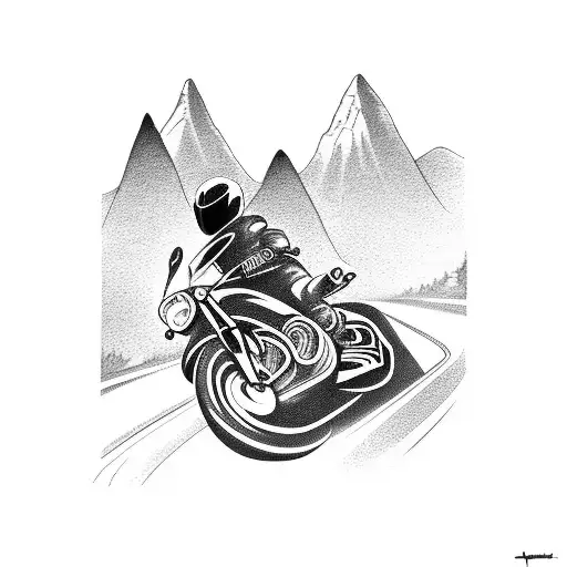 A motorcycle speeding down a winding road with a mountain backdrop tattoo design idea