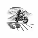 A motorcycle speeding down a winding road with a mountain backdrop tattoo design idea