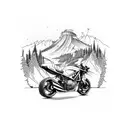 A motorcycle speeding down a winding road with a mountain backdrop tattoo design idea