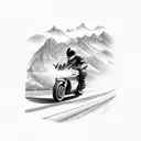 A motorcycle speeding down a winding road with a mountain backdrop tattoo design idea